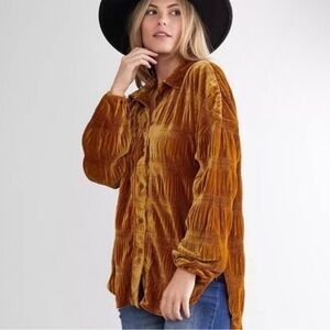 Free People Velvet Button-Down Shirt - Mustard